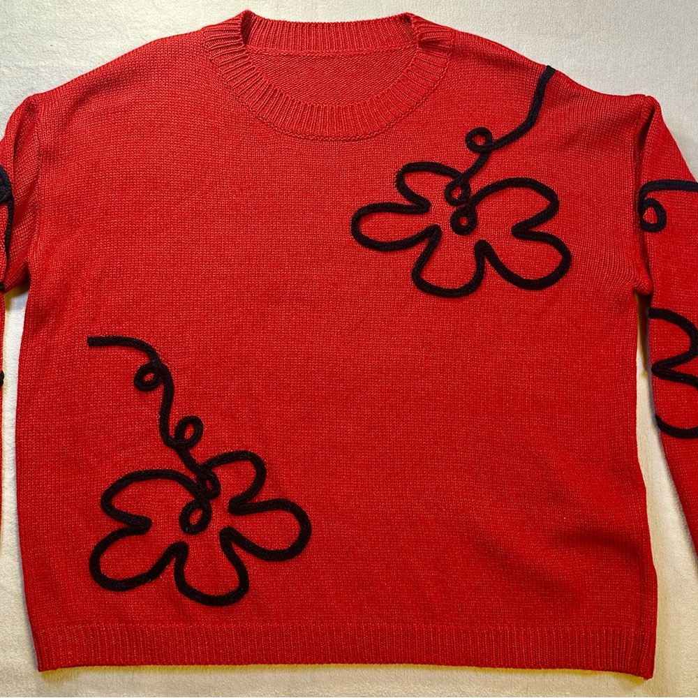 Women’s Boxy Red Sweater with Playful Raised Black Passementerie Floral Design